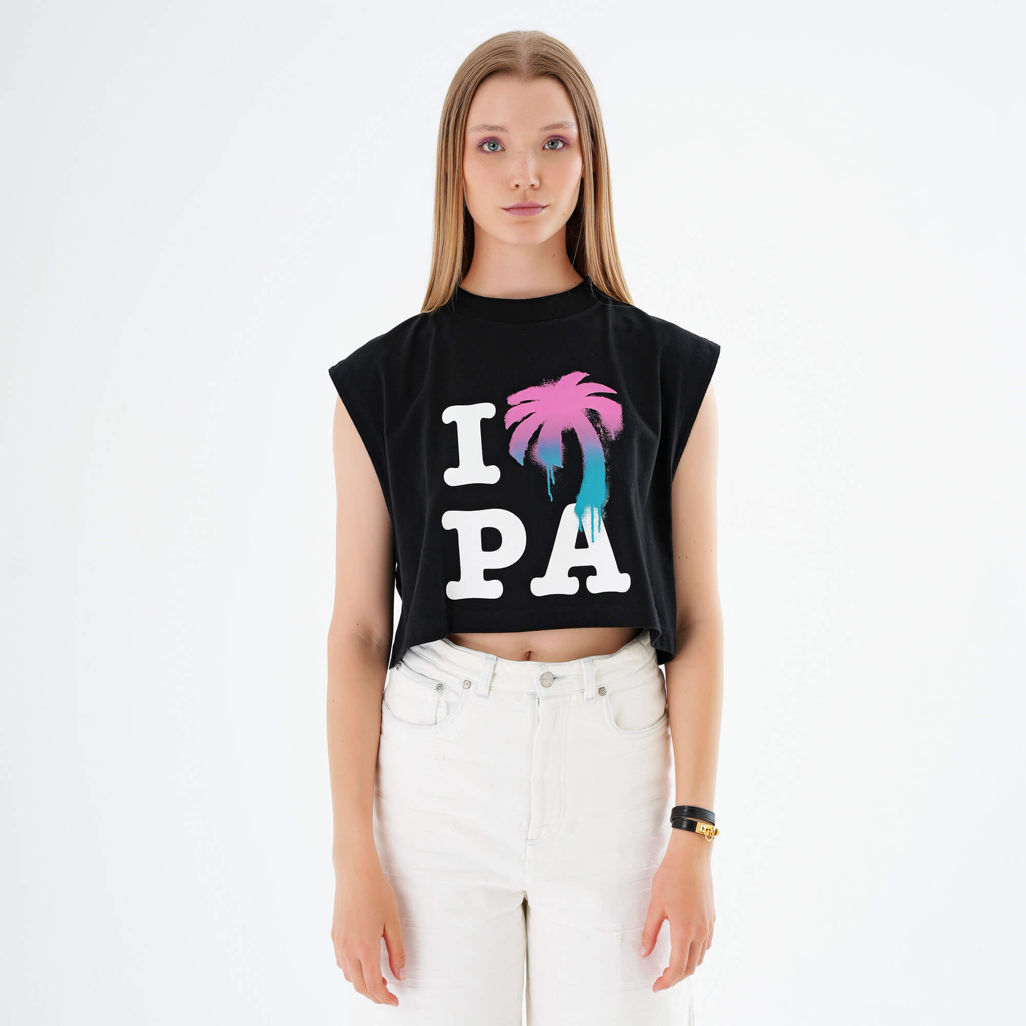 Palm Angels - Black Cropped Printed I Love PA Mescle Tee S